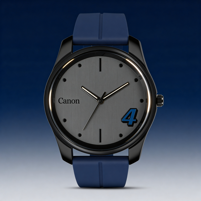 Analog wristwatch with blue strap, minimalist dial, and blue number 4 accent