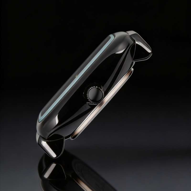 Side view of a sleek black analog watch case with crown on dark reflective background