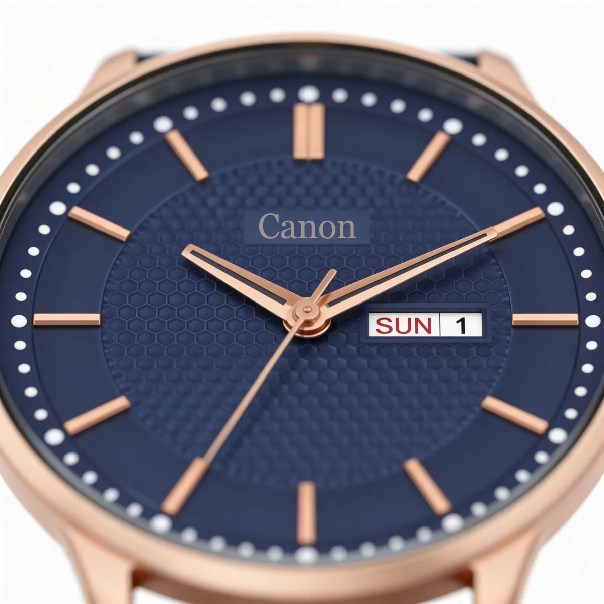 Analog wristwatch with blue textured dial, gold hour markers, and day-date display