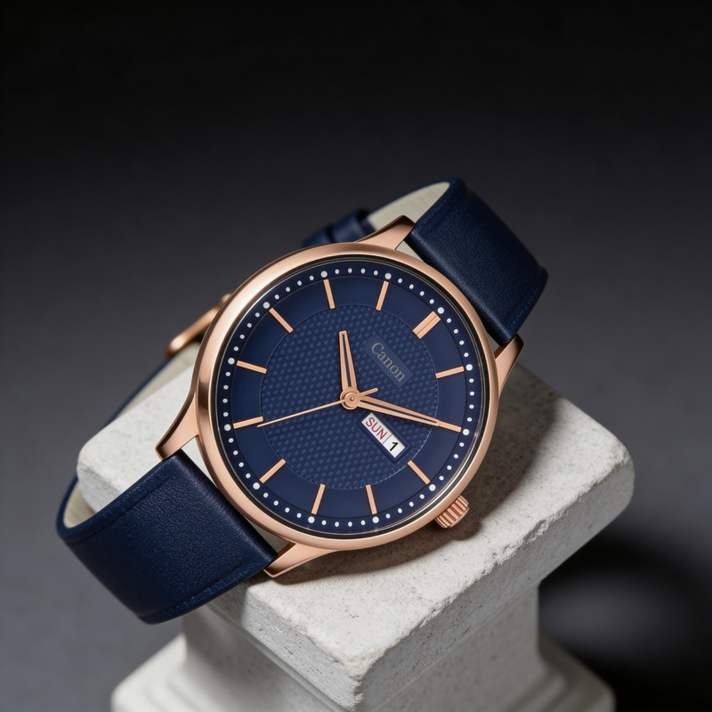 Blue analog men's watch with rose gold case and day-date display on a pedestal