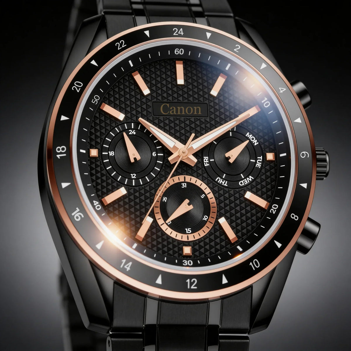 Men's black and rose gold analog wristwatch with subdials and textured watch face