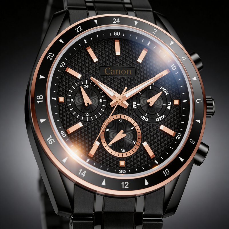 Black and rose gold analog men's watch with date, day, and 24-hour subdials