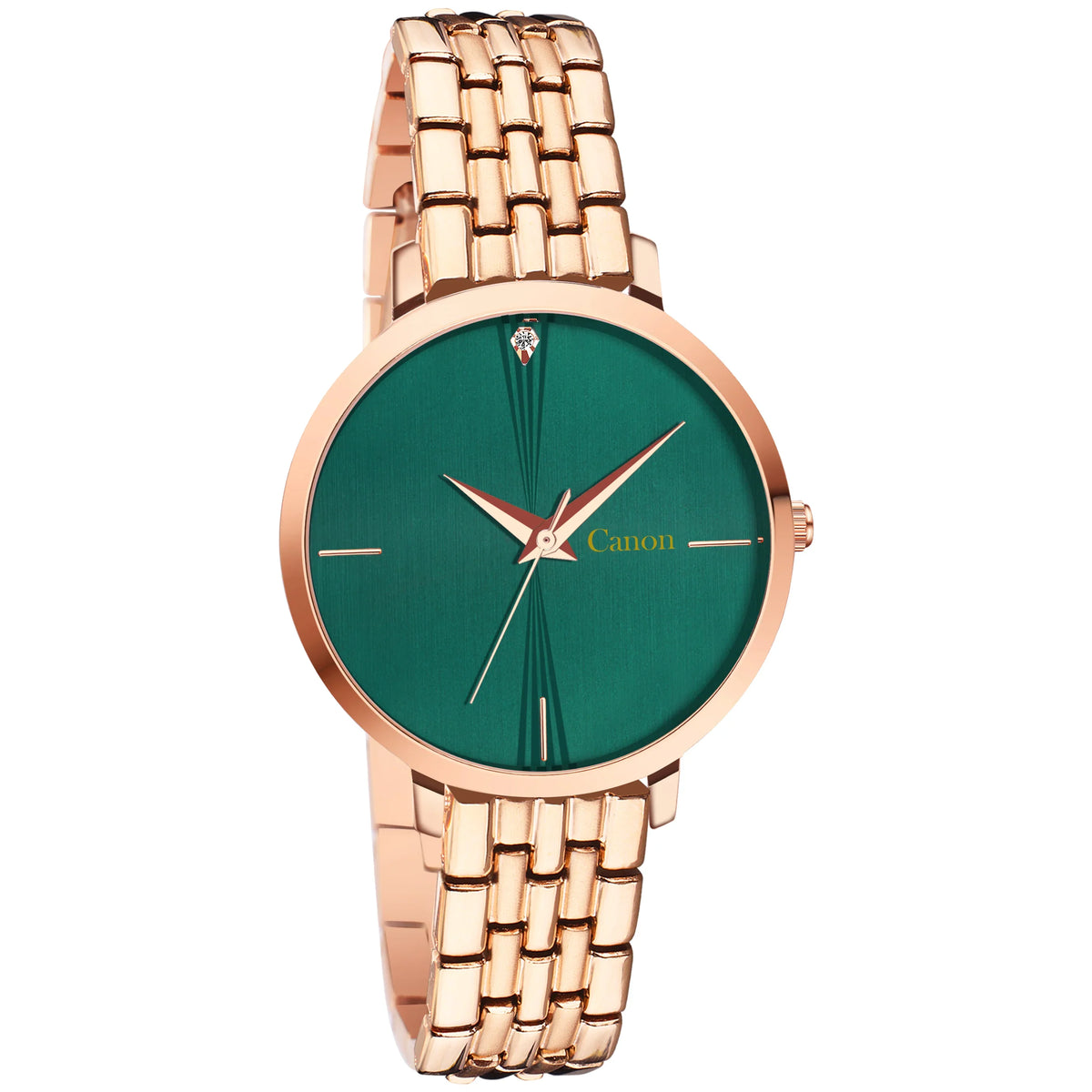 Rose gold wristwatch with green dial and metal bracelet band, minimalist design, Canon logo