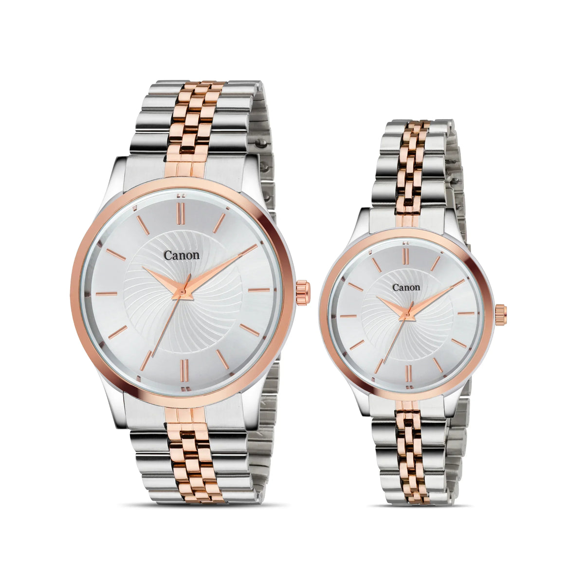 Pair of silver and rose gold analog watches with metal link bands on white background