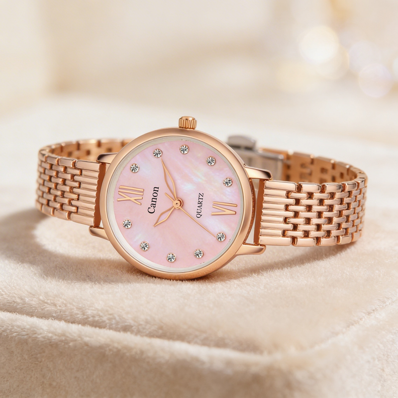 Rose gold analog watch with pink mother-of-pearl dial and crystal hour markers on soft fabric.