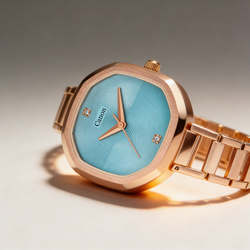 Rose gold analog wristwatch with blue textured dial and square case, diamond accents