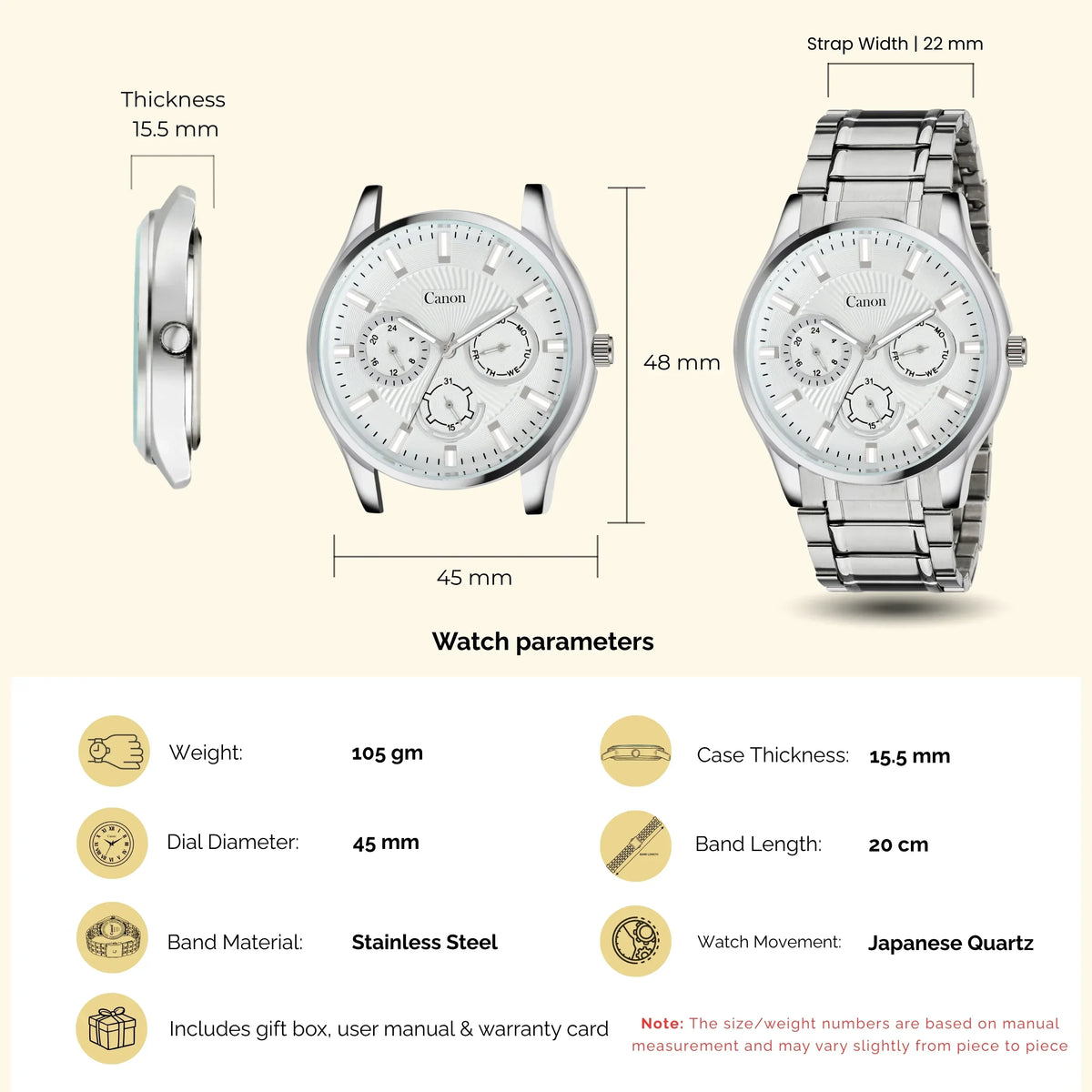 Silver analog stainless steel watch with 45mm dial, 22mm strap, and Japanese quartz movement.