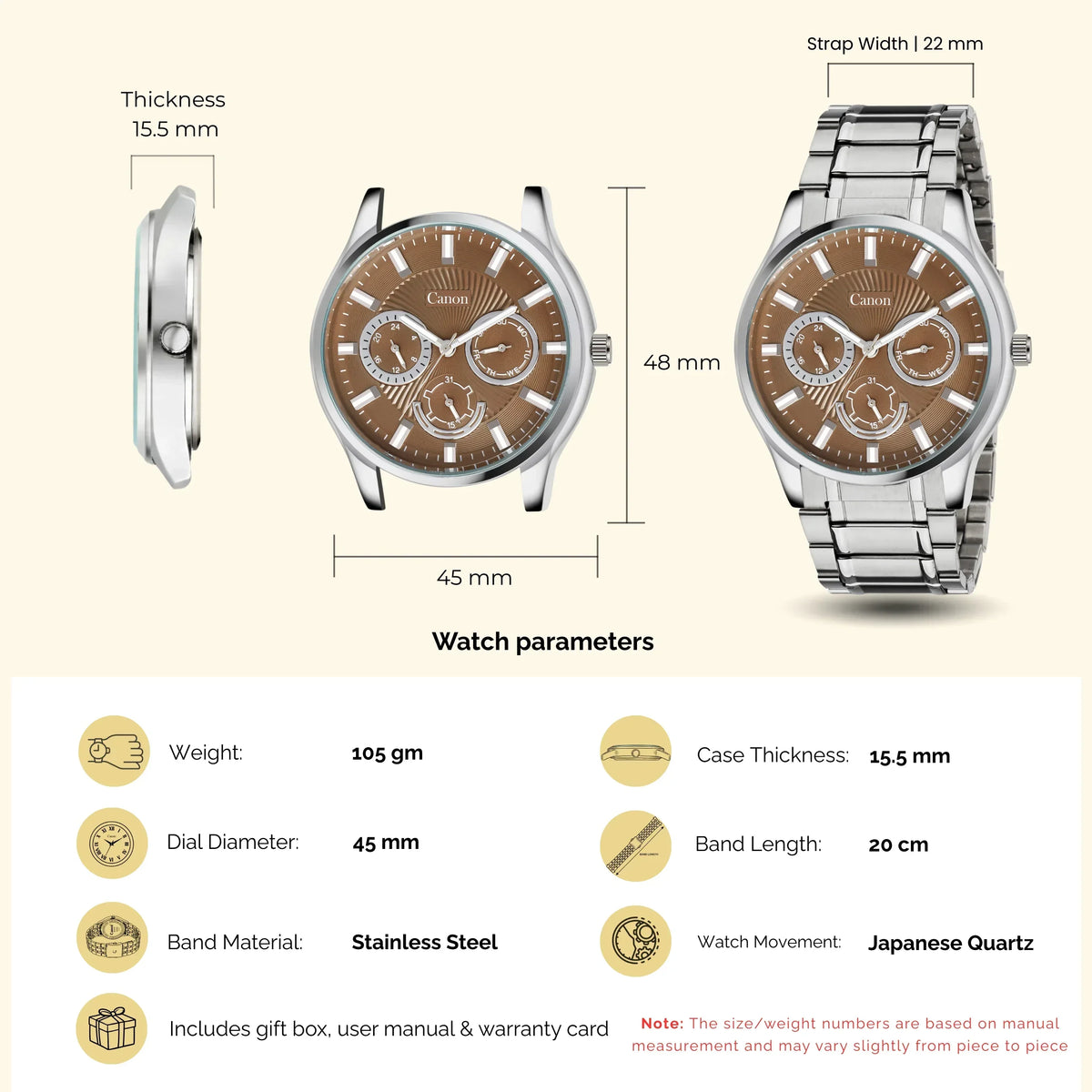 Stainless steel analog watch with brown dial, Japanese quartz movement, and 45mm case diameter