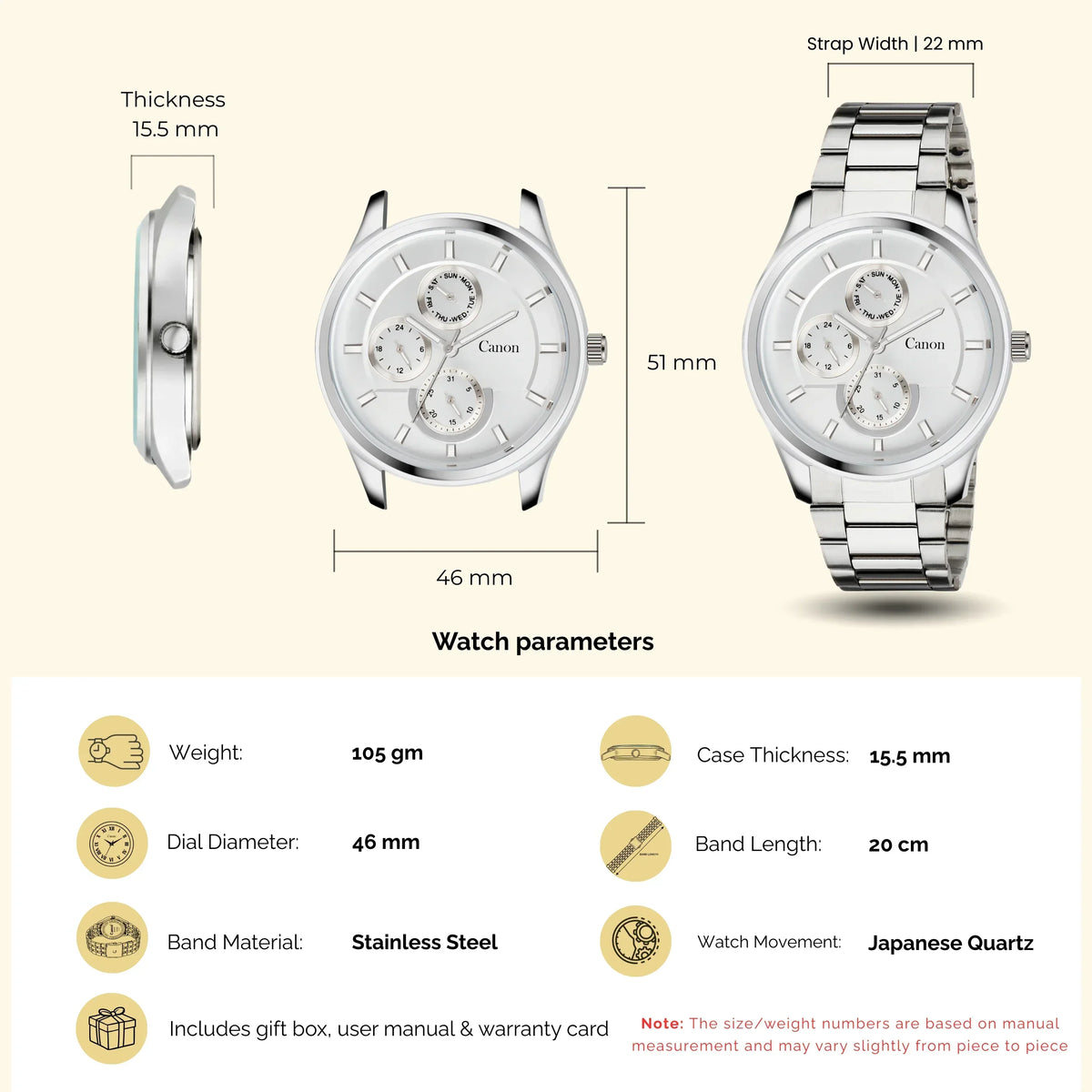 Stainless steel analog watch with silver dial, Japanese quartz movement, and size details shown.