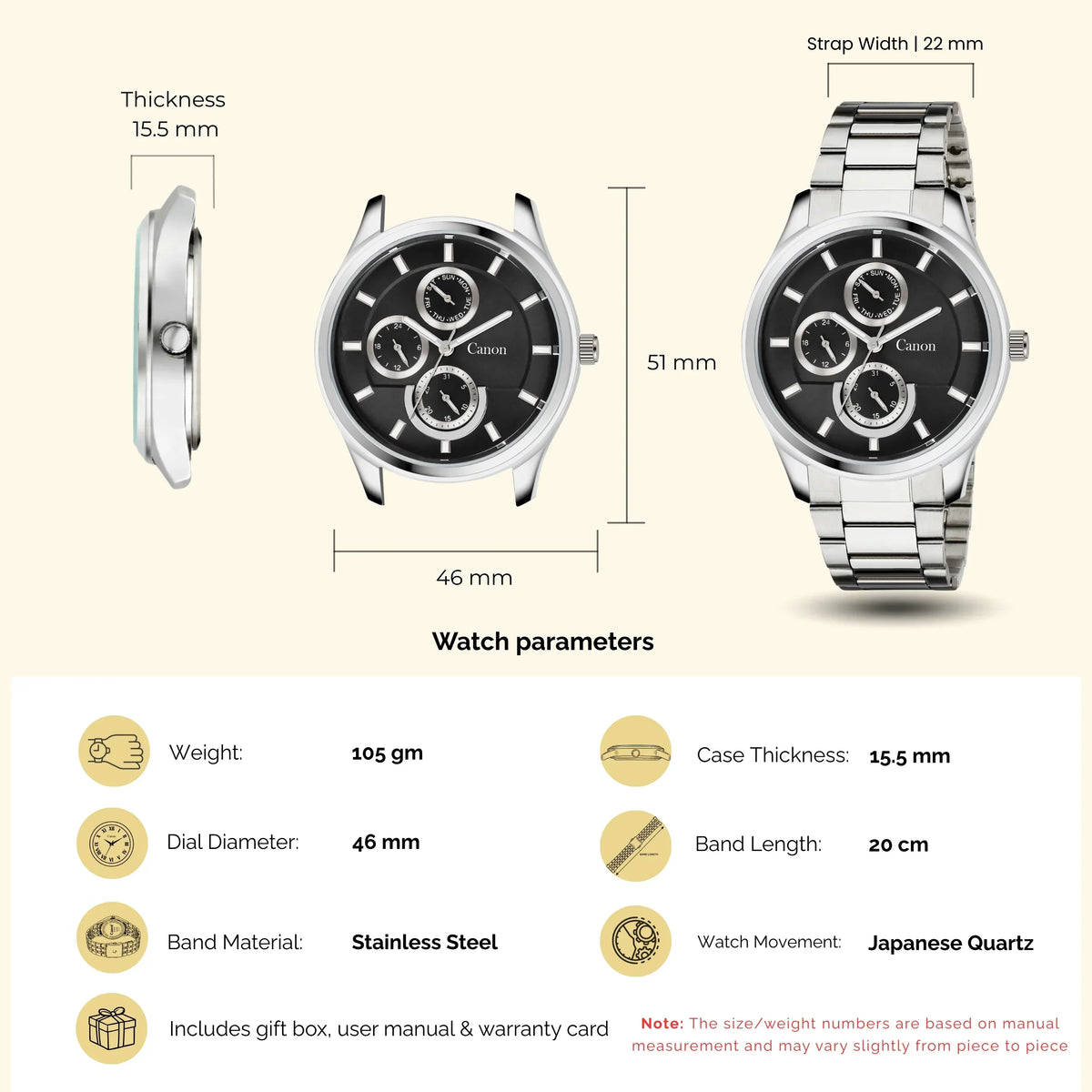 Stainless steel analog men's watch with black dial, three subdials, and watch dimensions shown.