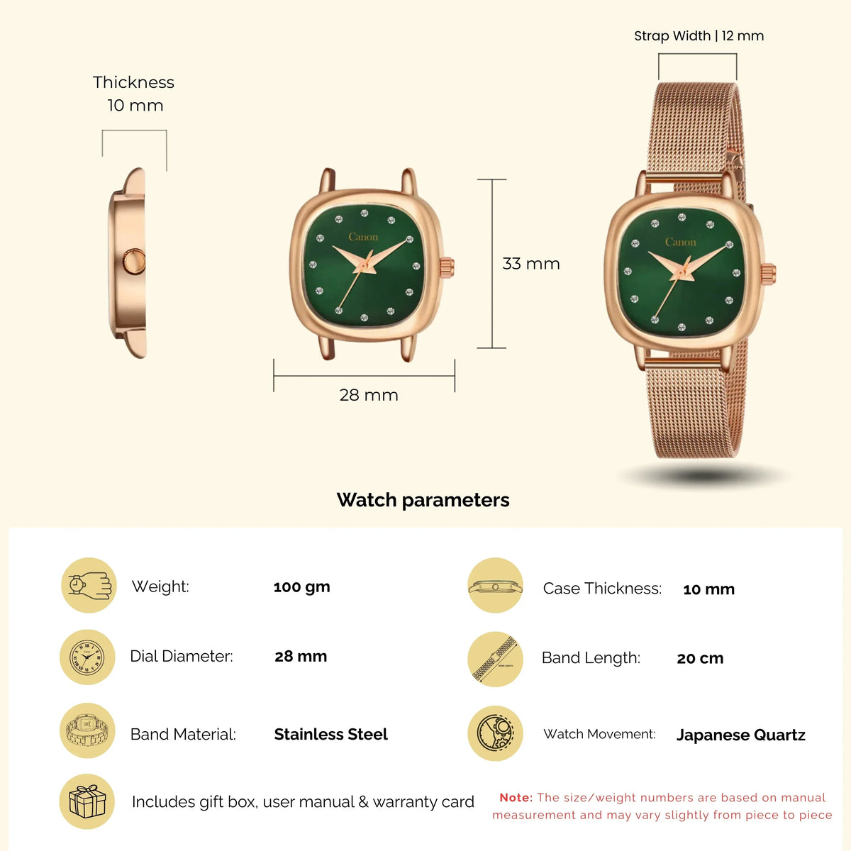 Rose gold analog watch with green square dial, mesh strap, and detailed size parameters