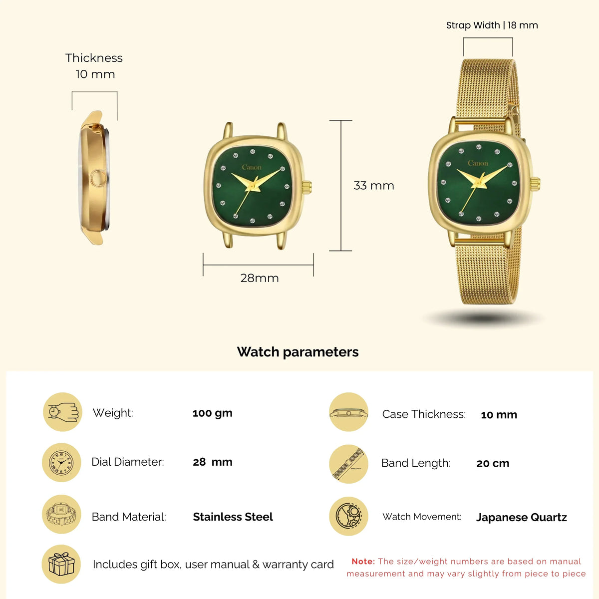 Gold-tone analog watch with green dial, mesh strap, and detailed size parameters shown