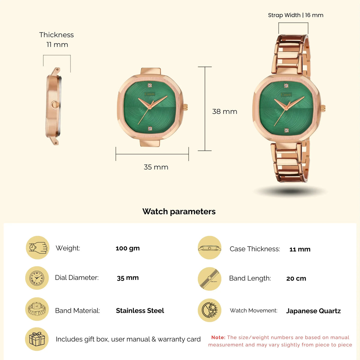 Rose gold analog watch with green dial, stainless steel band, 35mm diameter, 11mm thickness