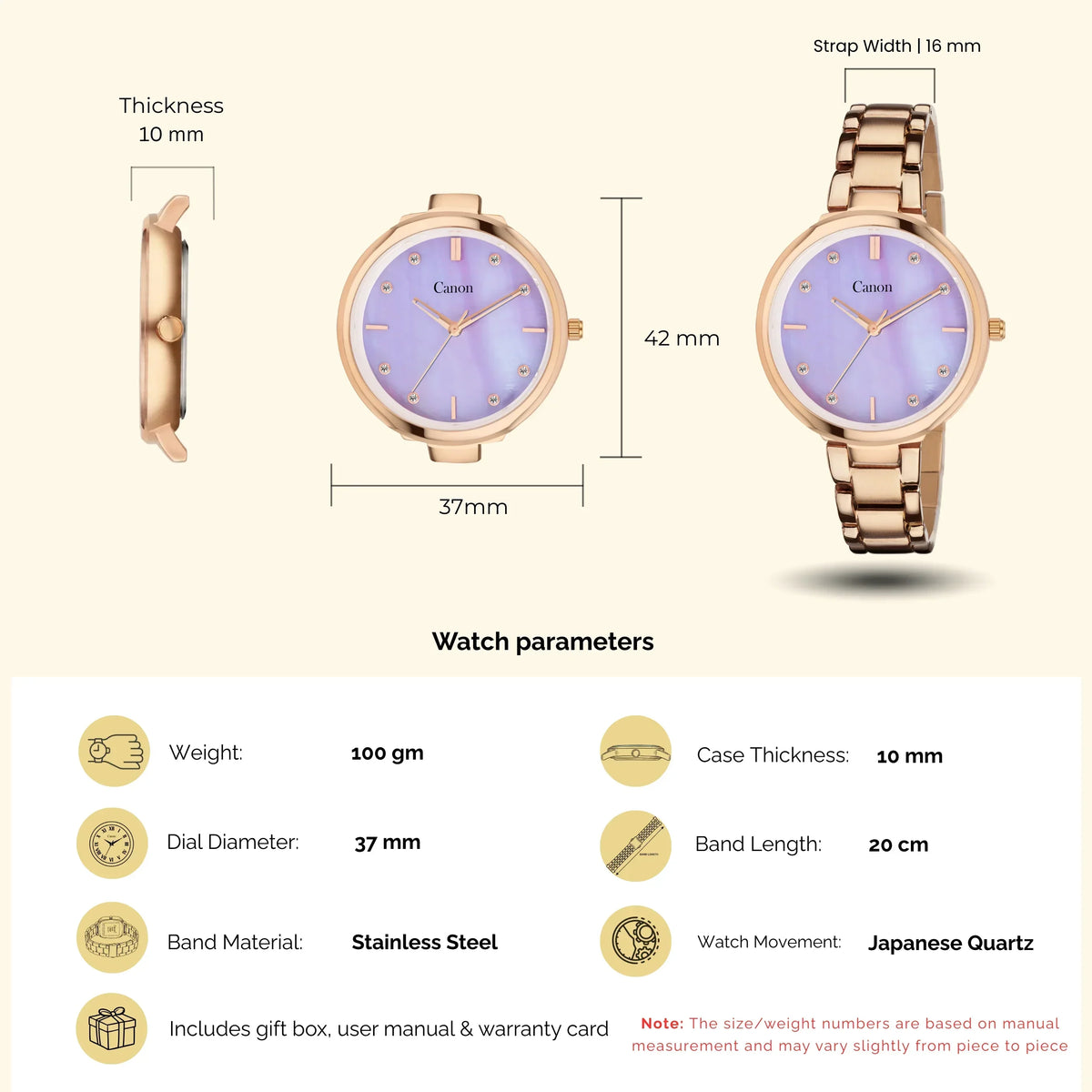 Rose gold analog watch with purple dial, stainless steel band, and Japanese quartz movement