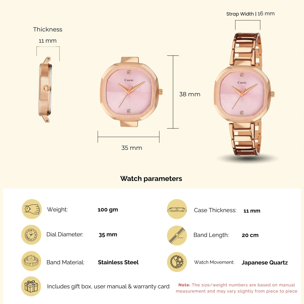 Rose gold analog women's watch with square pink dial, metal strap, and size specifications.