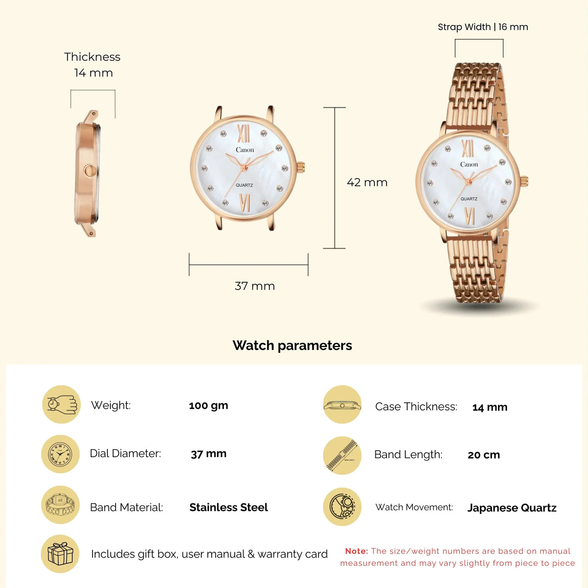 Rose gold analog watch with white dial, stainless steel strap, and watch size specifications.