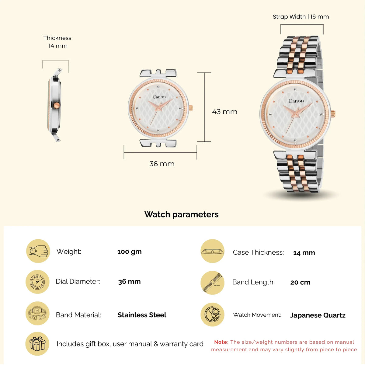 Stainless steel two-tone analog watch with 36mm dial, rose gold accents, and diamond markers.