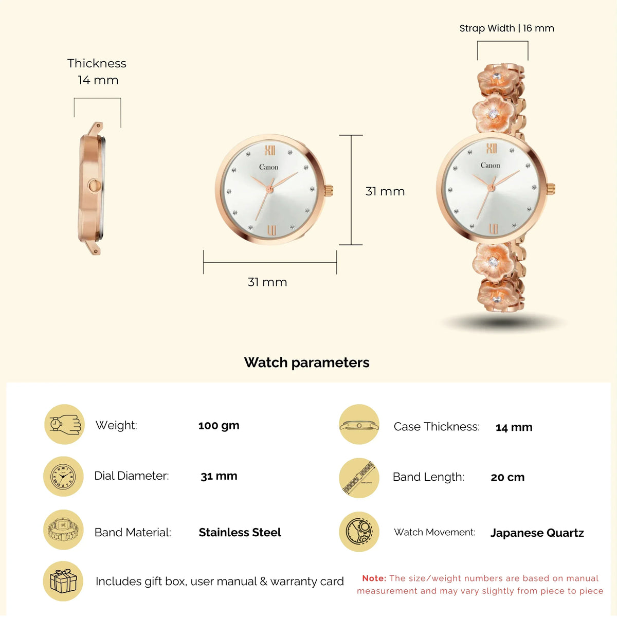 Rose gold women's analog watch with floral stainless steel band, 31mm dial, 14mm case thickness