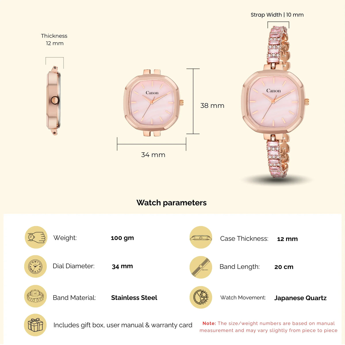Rose gold women's analog watch with stainless steel band, 34mm dial, and Japanese quartz movement.