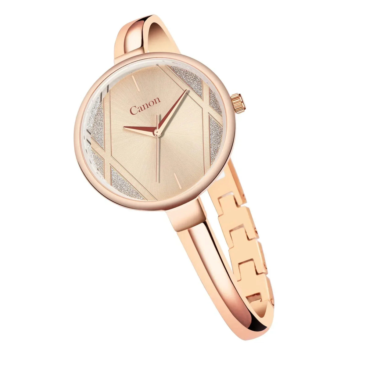 Rose gold women's analog wristwatch with geometric dial and metallic strap, elegant style