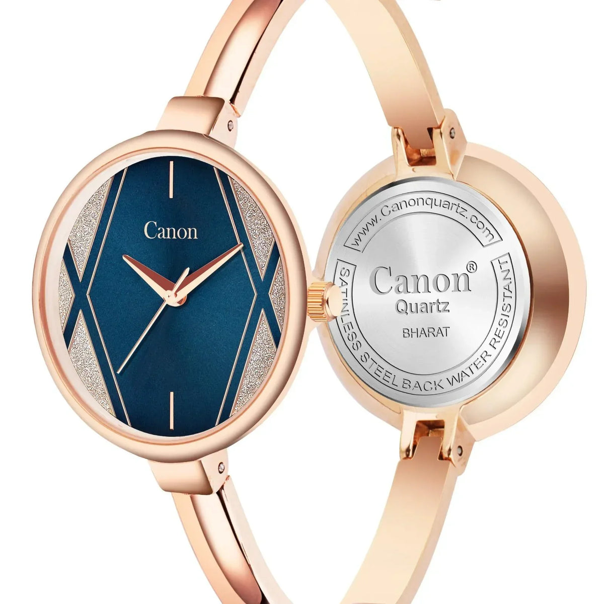Rose gold analog watch with blue textured dial and stainless steel back for women