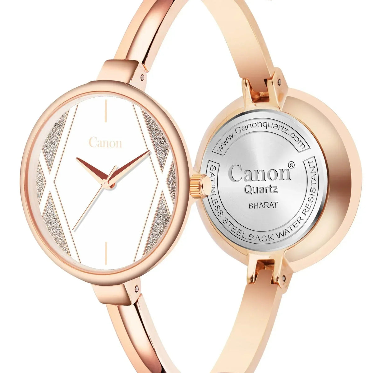 Rose gold women’s analog wrist watch with geometric dial and stainless steel back