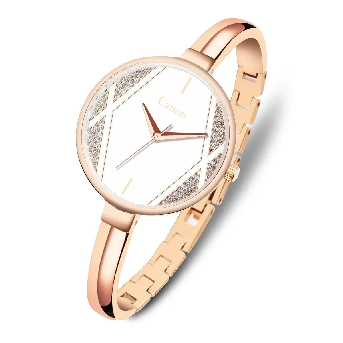 Rose gold analog women's watch with geometric dial and slim metal bracelet on white background