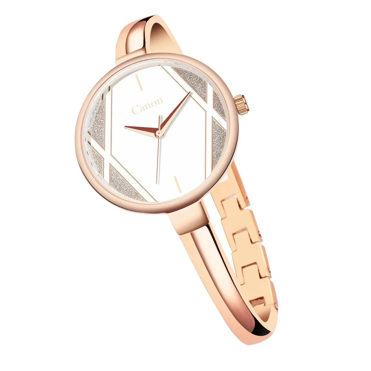 Rose gold analog women's watch with geometric dial and glitter accents on bangle strap