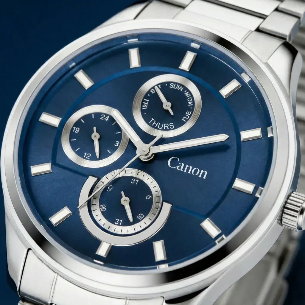 Men’s analog watch with blue dial, silver markers, and multifunction subdials on metal band