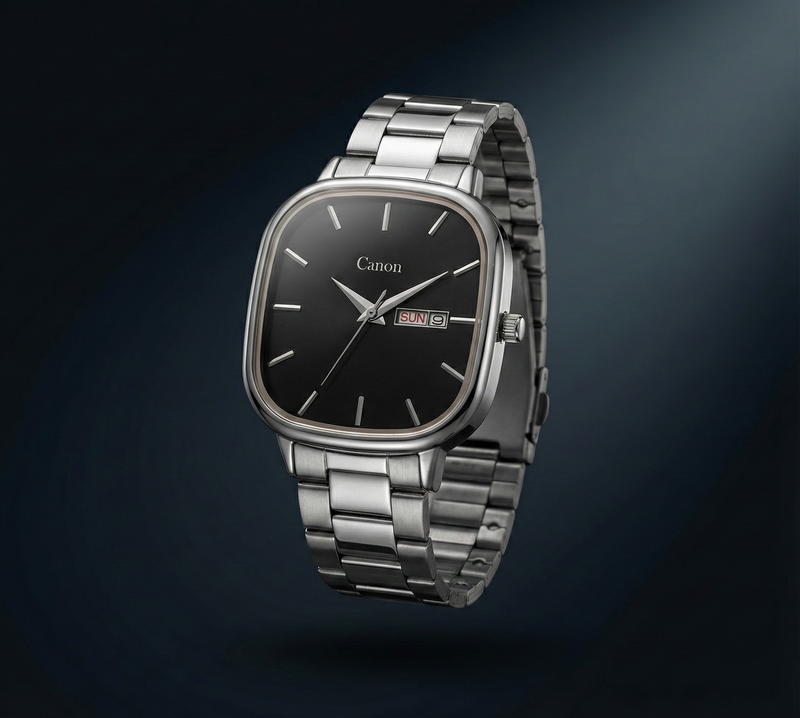 Canon Quartz men's stainless steel analog watch with black dial and date display
