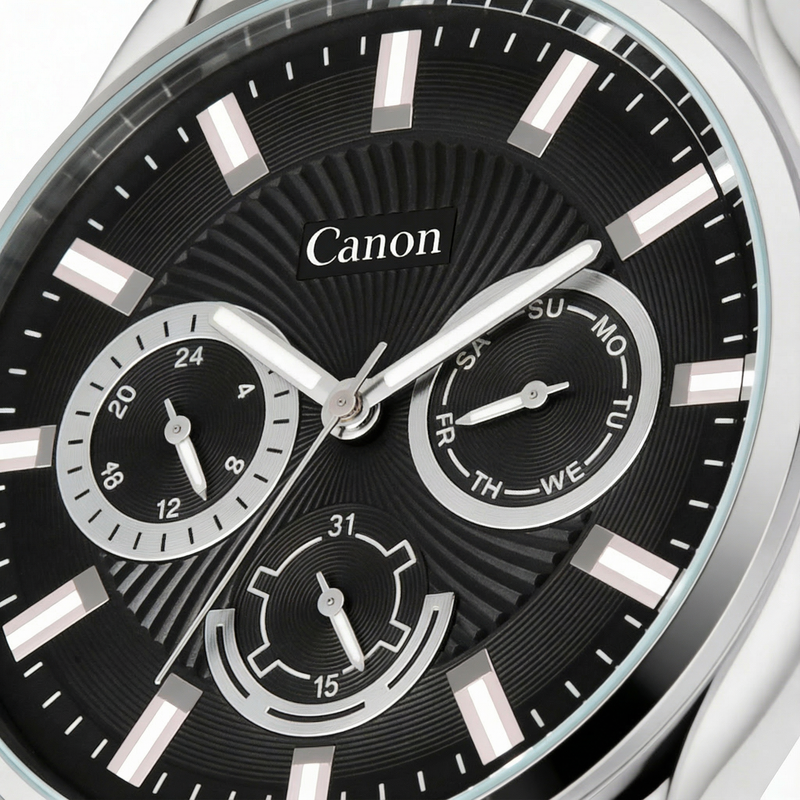 Canon Quartz analog watch with black dial, silver markers, and subdials for men and women
