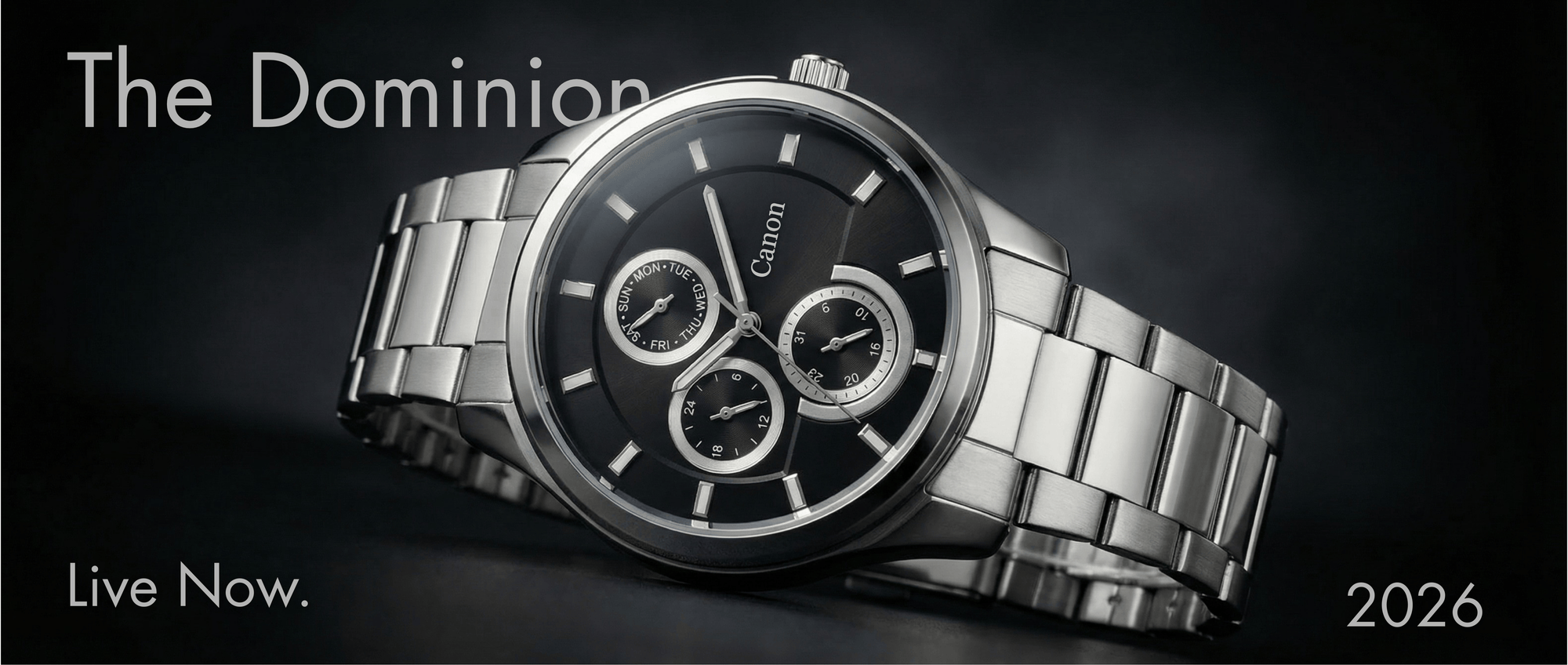 Canon Dominion analog watch with stainless steel band, black dial, classic premium design