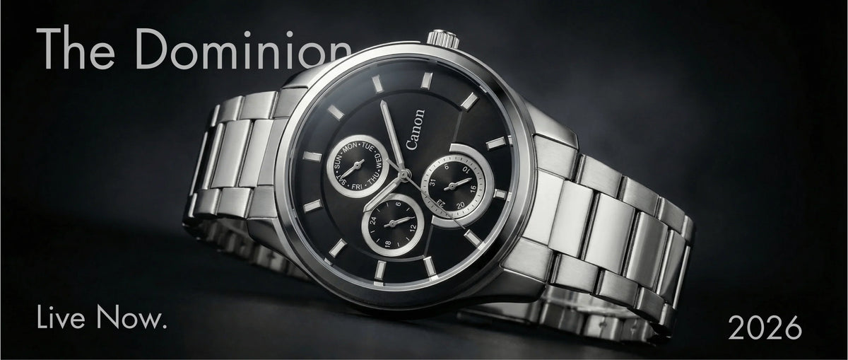 Stainless steel analog wristwatch with black dial, subdials, and modern design on dark background