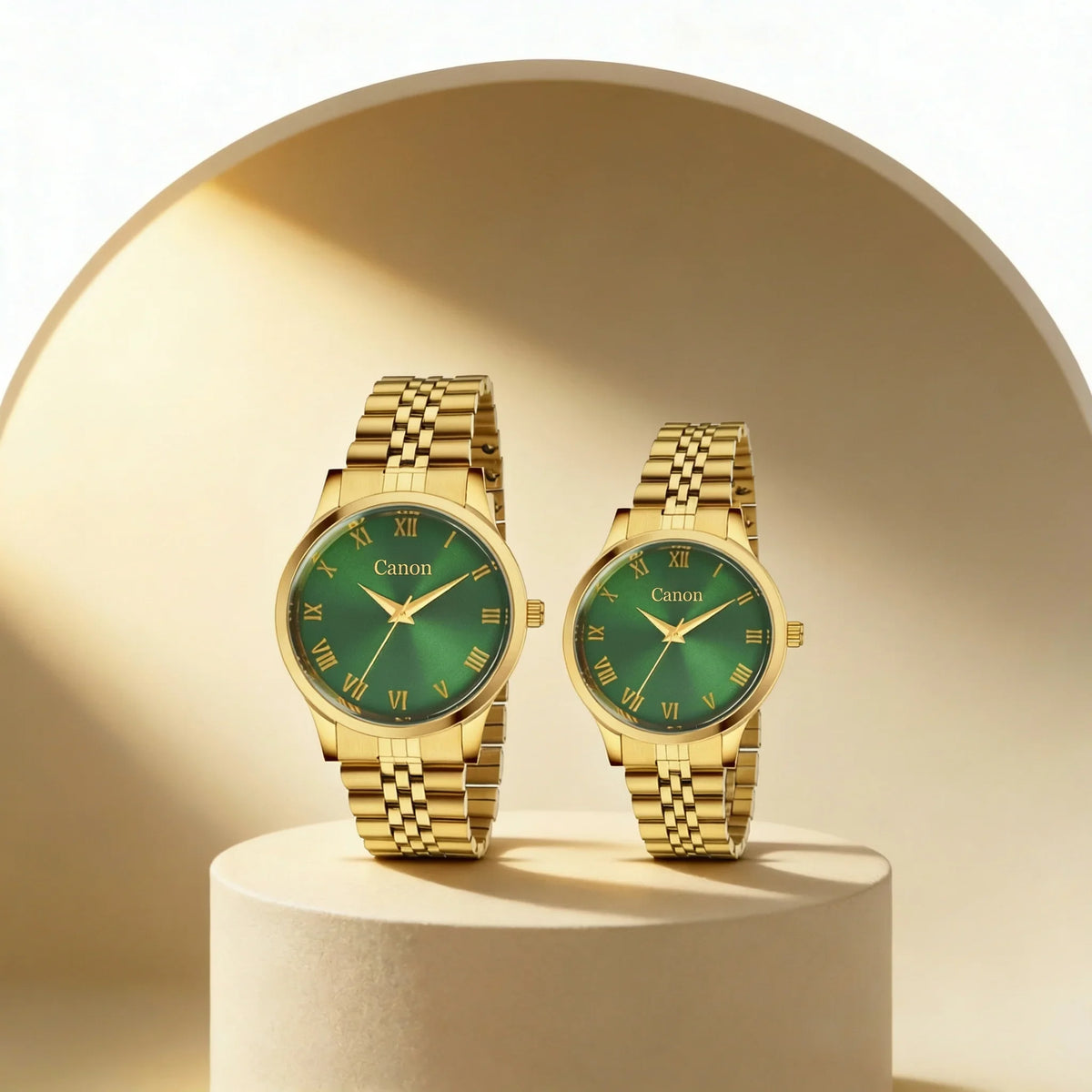 Gold couple watches with green dials & Roman numerals, Canon brand, analog quartz design