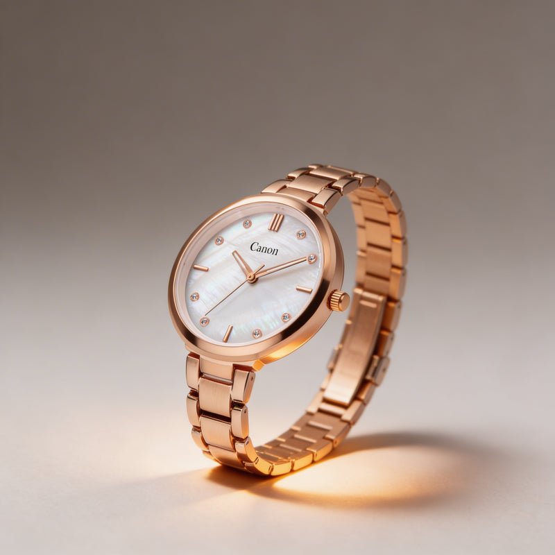 Rose gold analog watch with white mother-of-pearl dial and metal bracelet on neutral background