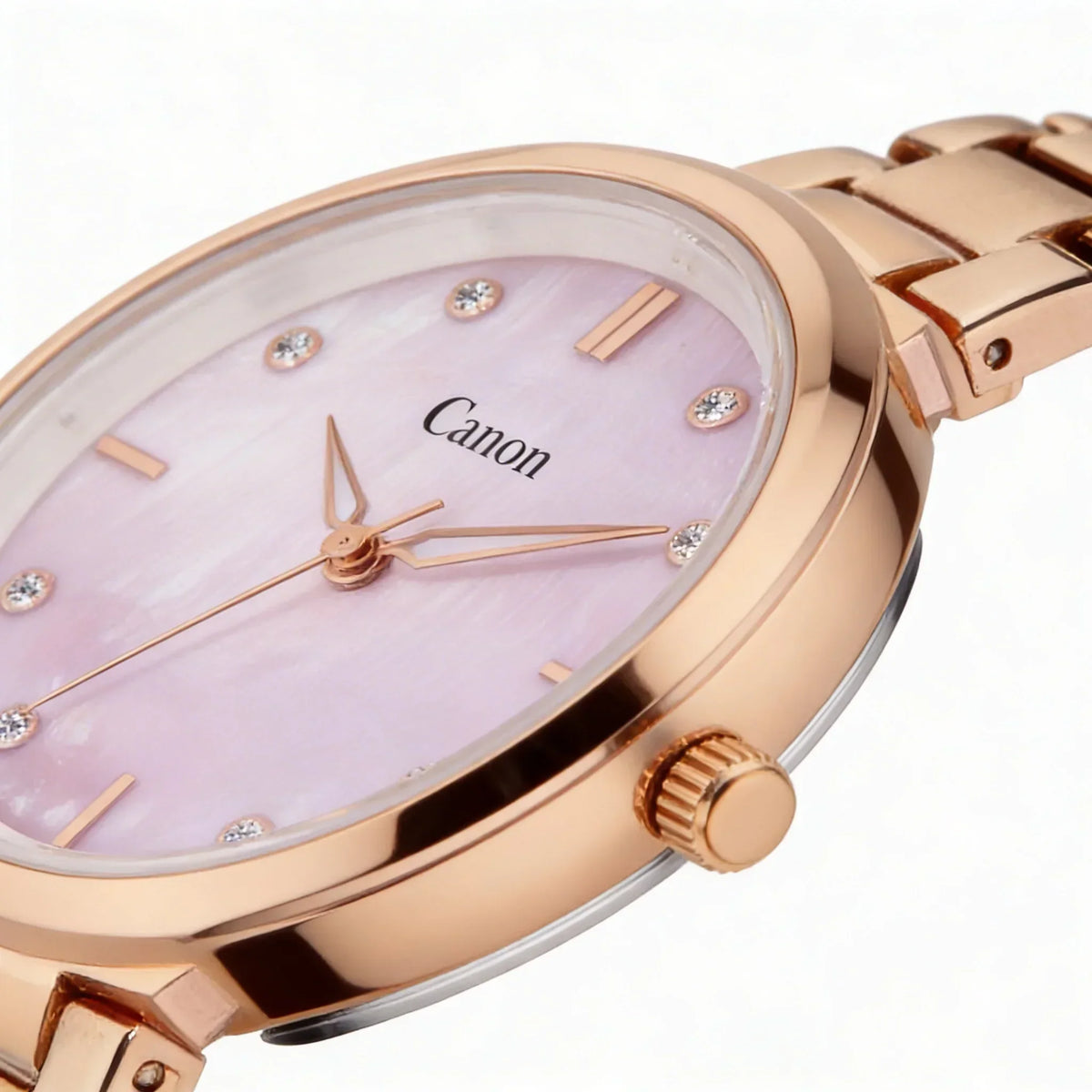 Rose gold analog watch with pink dial and crystal hour markers, elegant women's wristwatch