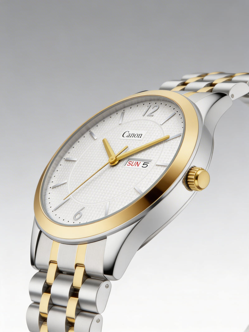 Men's analog wristwatch with gold and silver metal band, white dial, day-date display