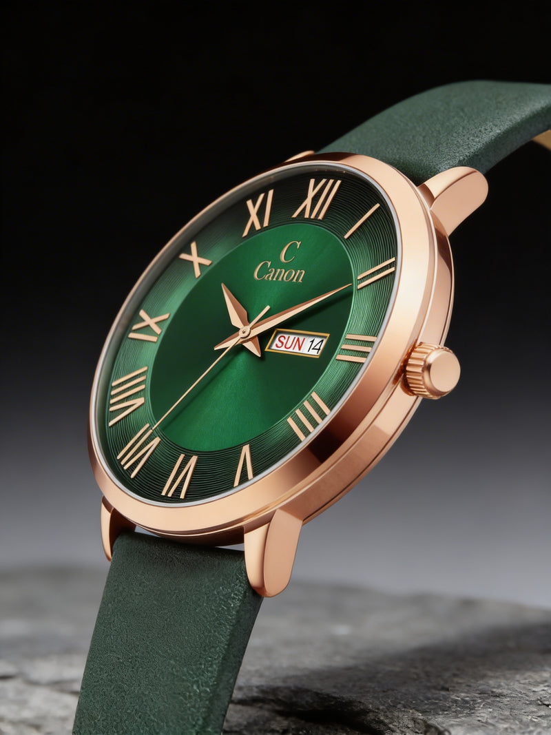 Green dial analog watch with gold case, Roman numerals, date display, and green leather strap.