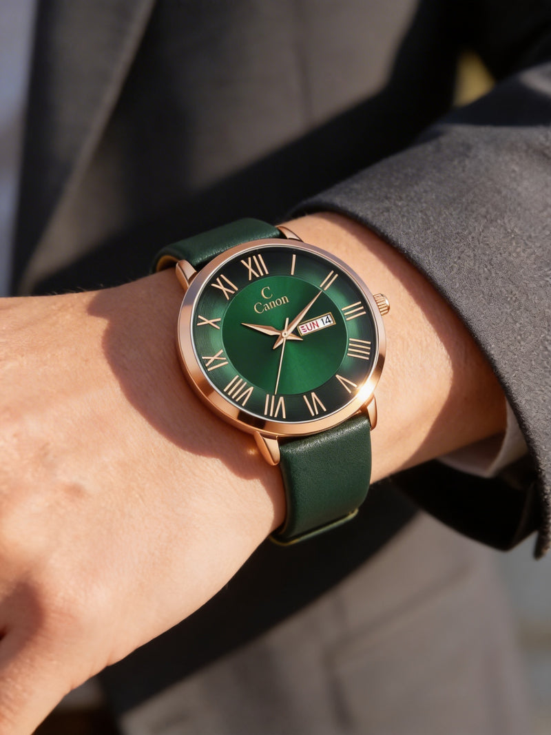 Green analog watch with gold case, Roman numerals, and day-date display on a wrist
