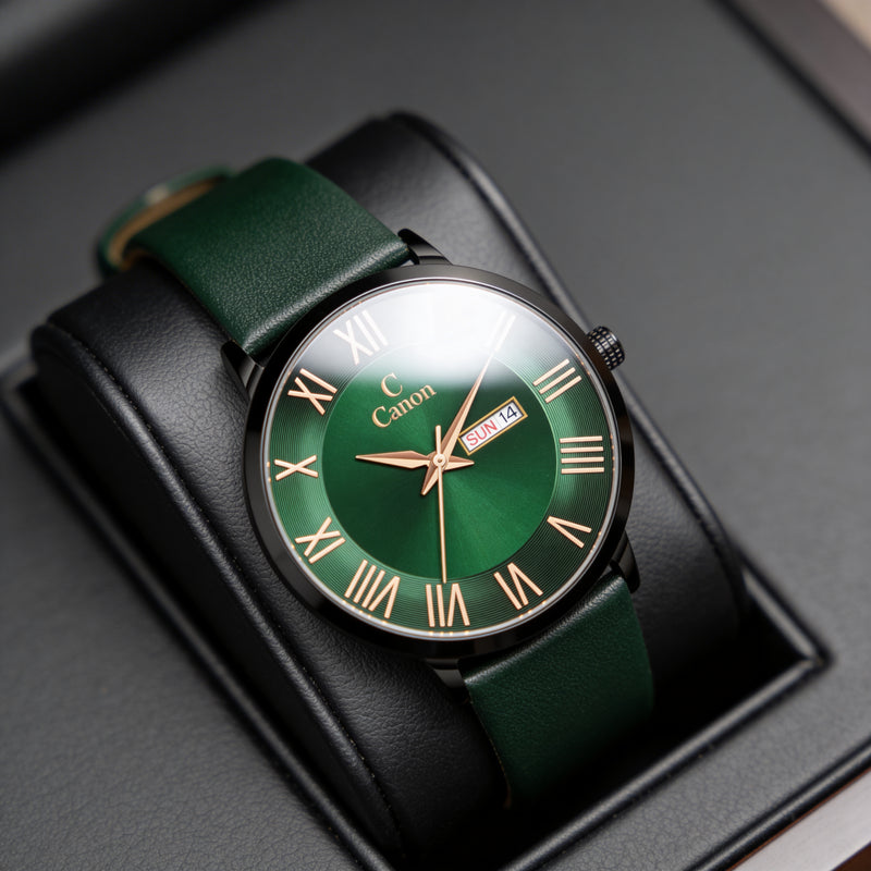 Green analog wristwatch with gold Roman numerals and date display on leather strap