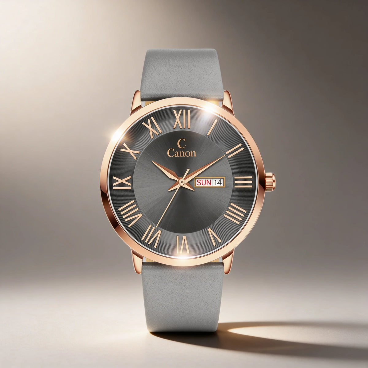 Elegant analog watch with rose gold case, gray dial, Roman numerals, and date display