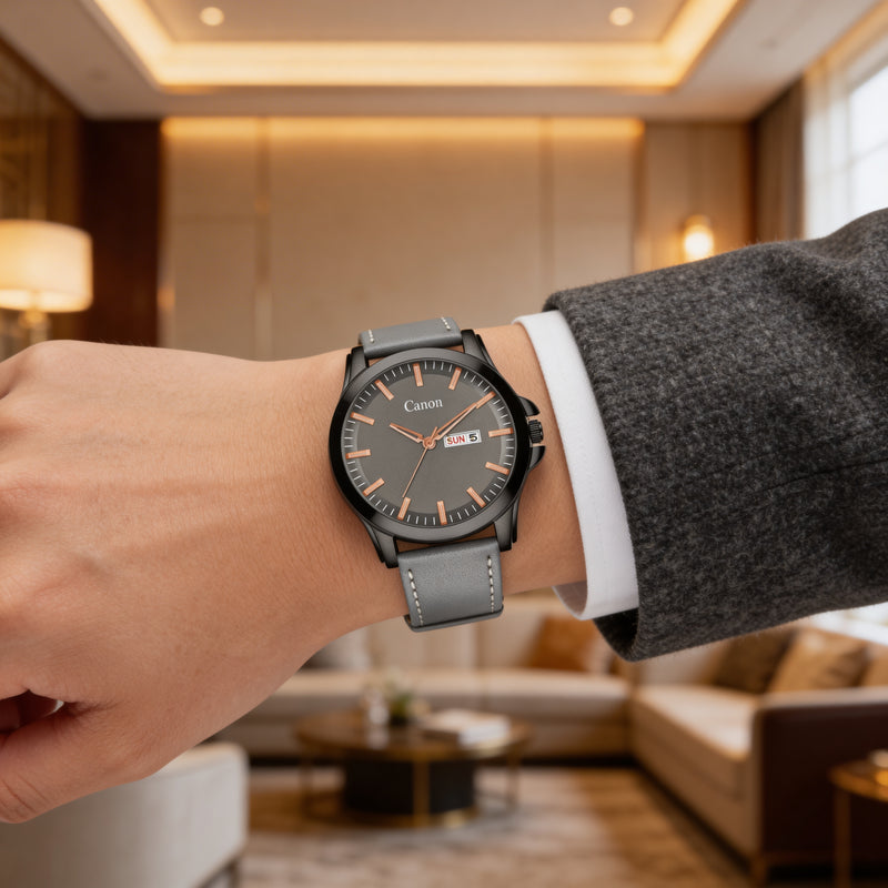 Gray analog wristwatch with date display on a person's wrist in a modern living room