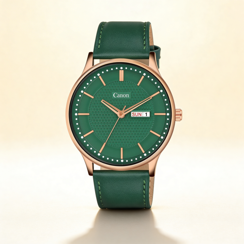 Elegant men's analog watch with green leather strap, rose gold case, and day-date display