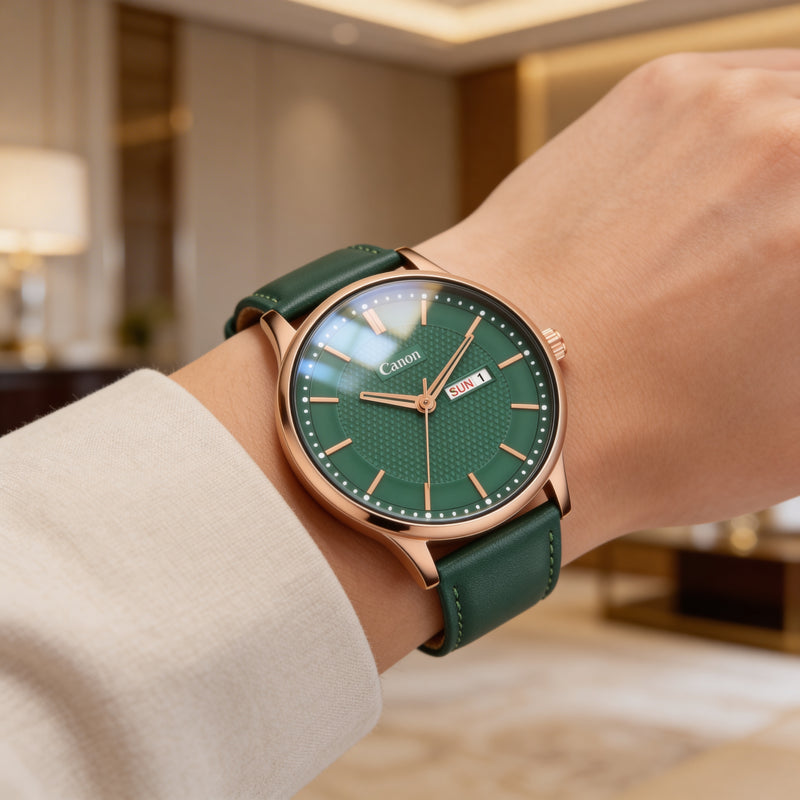 Elegant analog wristwatch with green dial and green leather strap, showcased on wrist indoors
