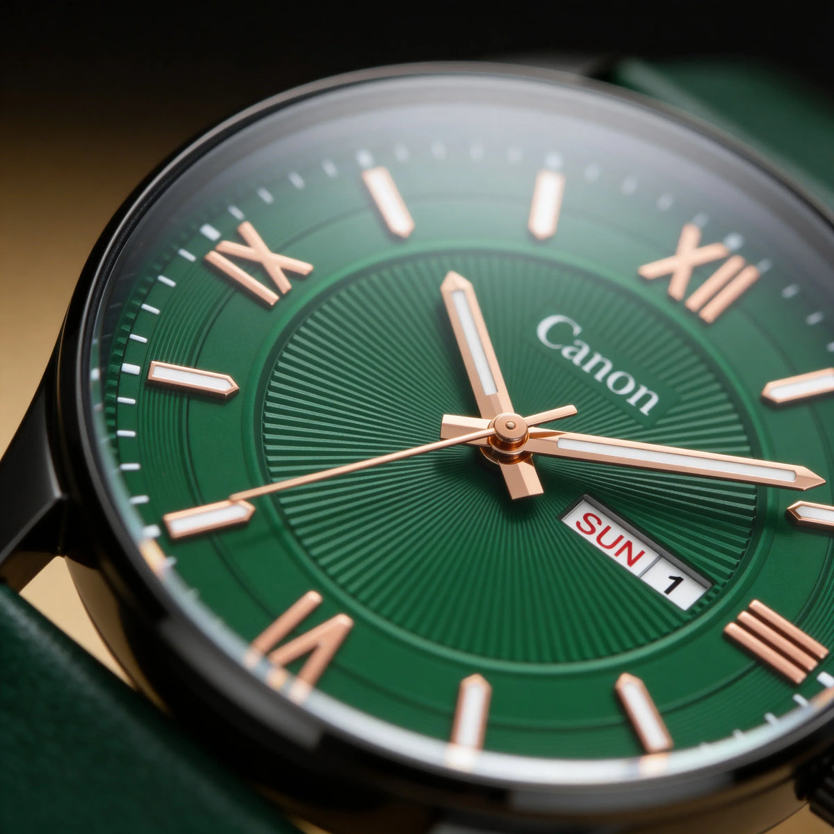 Green analog wristwatch with gold Roman numerals, day-date window, and classic design