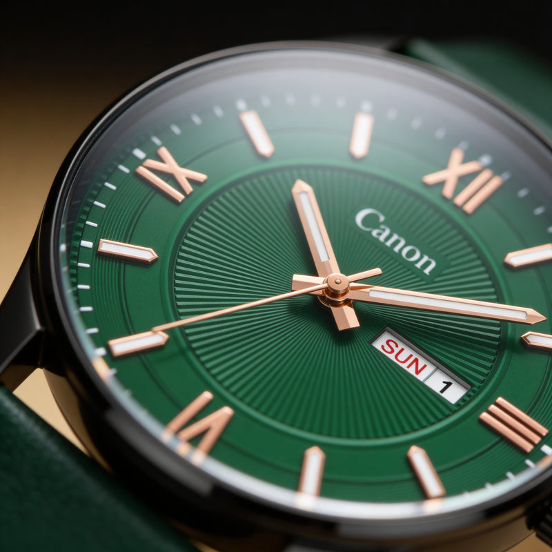 Green analog wristwatch with gold Roman numerals, date display, and leather strap