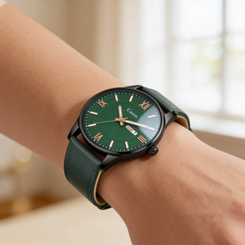Elegant green analog watch with gold Roman numerals and leather strap on wrist
