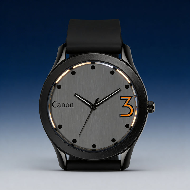 Men's analog wristwatch with black strap, silver dial, minimalist design, and highlighted number 3.
