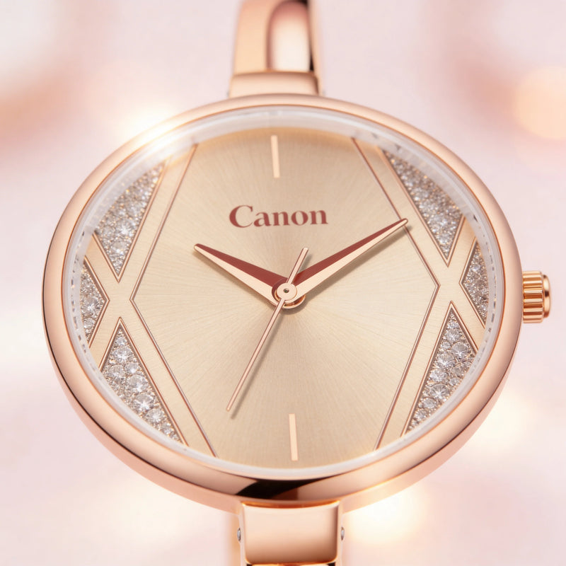 Elegant rose gold analog watch with crystal accents and minimalist dial on a soft background