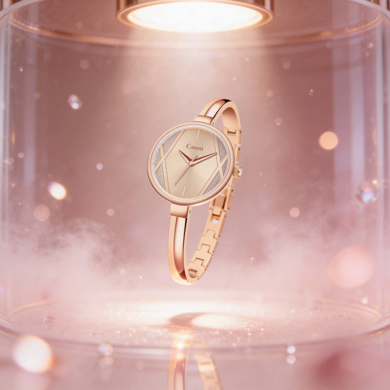 Elegant rose gold analog women's watch with geometric dial, showcased under soft lighting